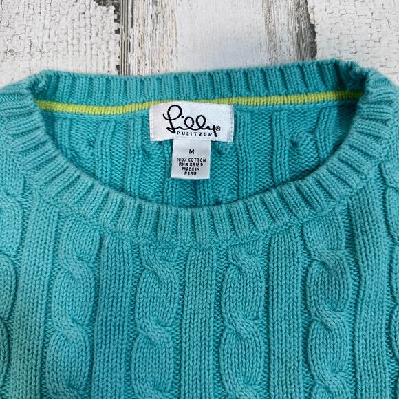 VTG Lilly Pulitzer Teal Cable Knit Sweater M | 100% Cotton | Palm Logo - Picture 3 of 7